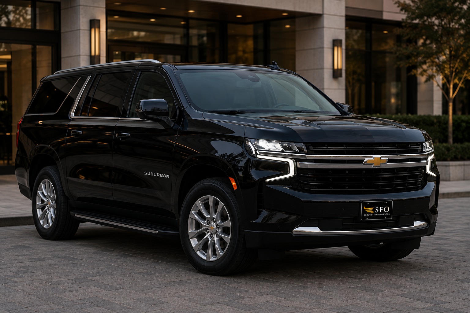 Black Chevrolet Suburban LT for executive airport transportation with luggage